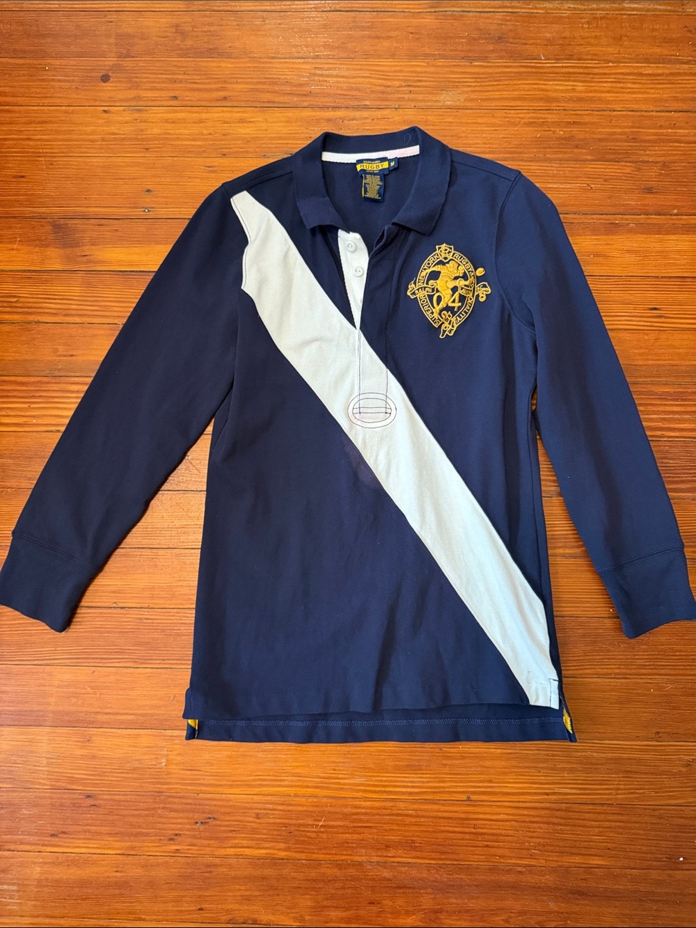 Polo by Ralph Lauren Navy Long-Sleeve Rugby Polo with White Sash & Gold Crest M